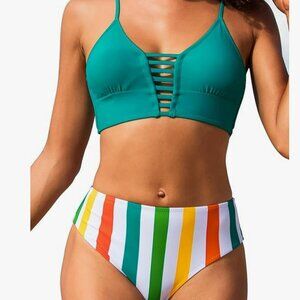 Cupshe - Teal and Striped Strappy Bikini - Size Small